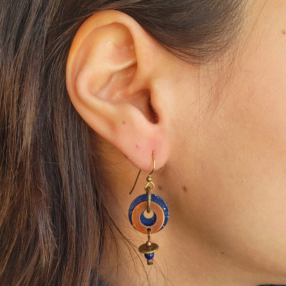 Vintage Gold & Navy Dangle Drop Hanging Hook Geometric Boho Earrings - Picture 3 of 7